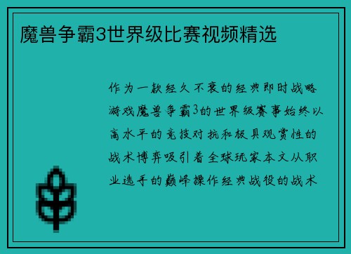 魔兽争霸3世界级比赛视频精选