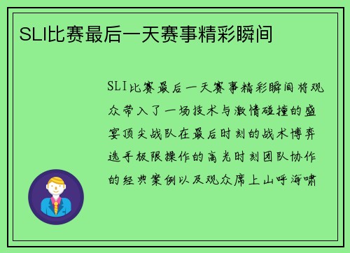SLI比赛最后一天赛事精彩瞬间